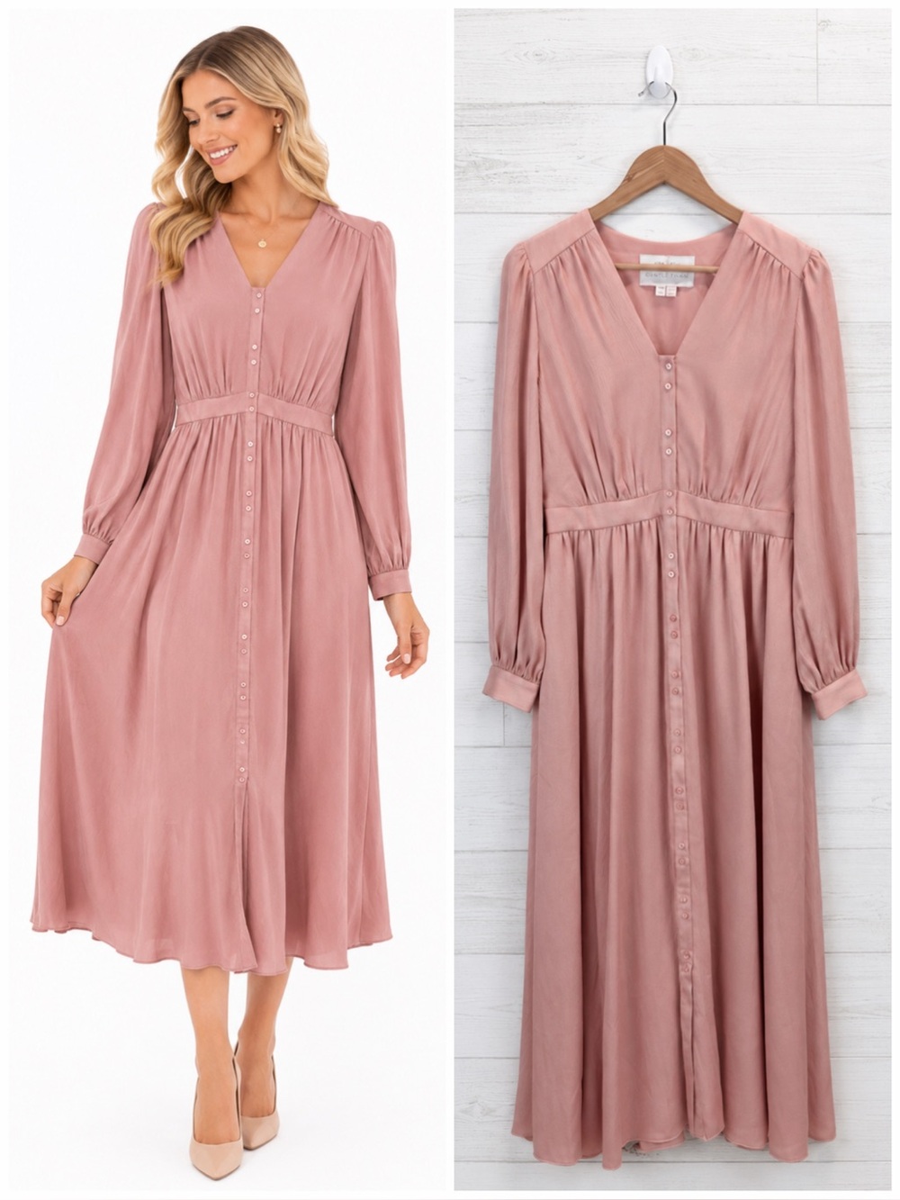 Gal Meets Glam Pink Midi Dress Romantic Puff Sleeve Button Front Size 8